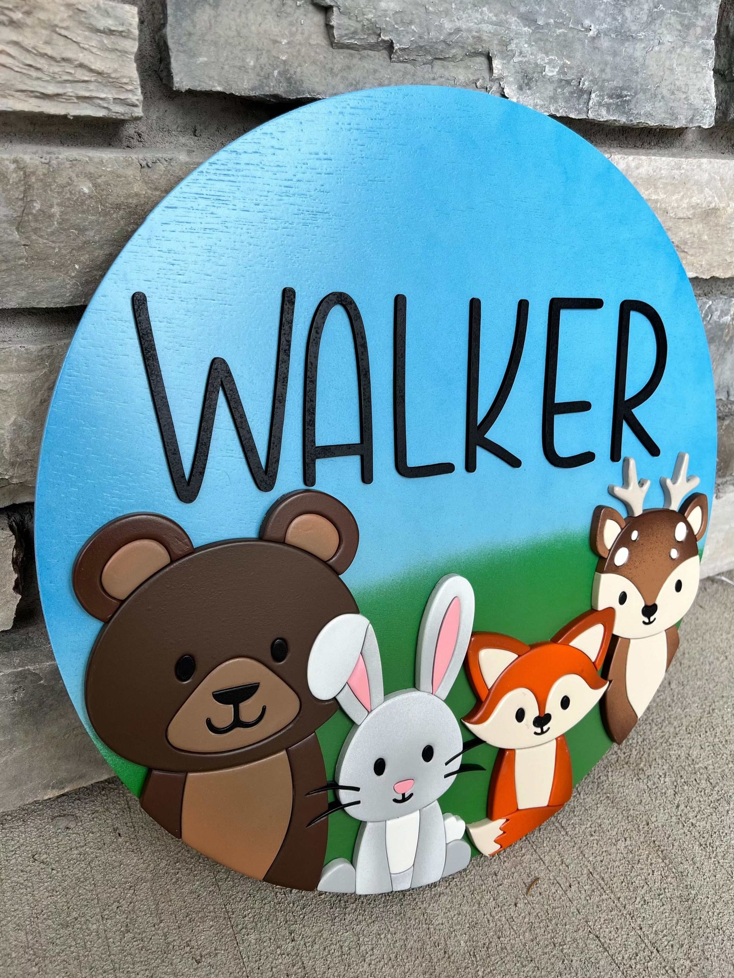 Handcrafted custom Woodland Nursery Sign with baby name, 18-inch round nursery decor