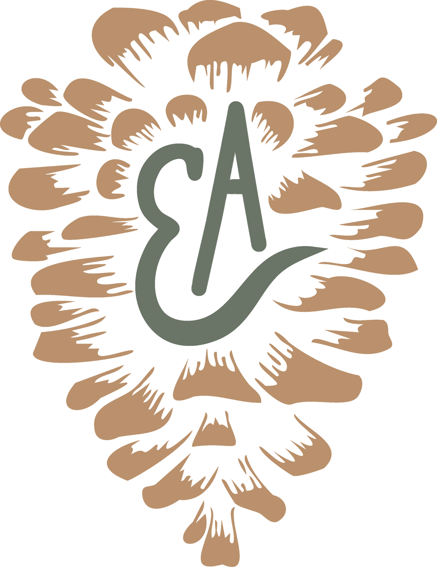 Logo with 'EA' initials surrounded by decorative elements on a beige background