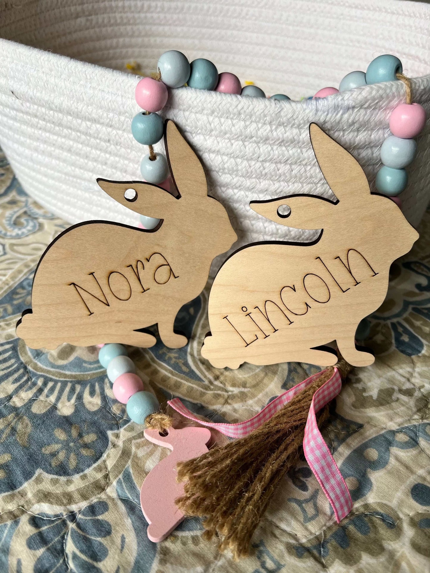 Personalized wooden Easter Bunny tags for children's Easter baskets
